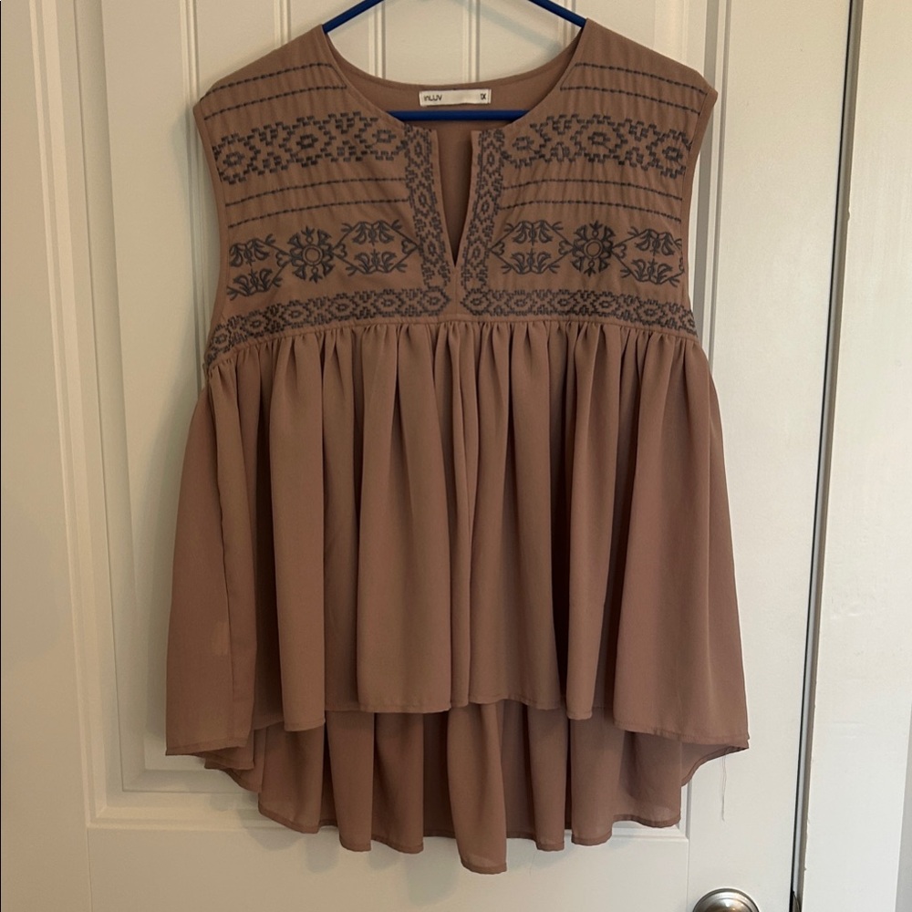 In Luv Tan Embroidered Sleeveless Blouse